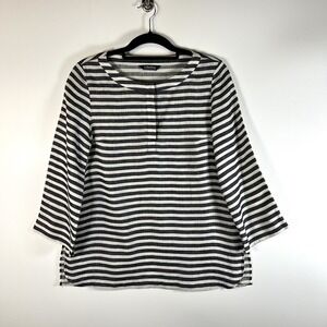 S Max Mara Striped Linen Top Tunic 3/4‎ Sleeve 1/4 Front Button Size Medium